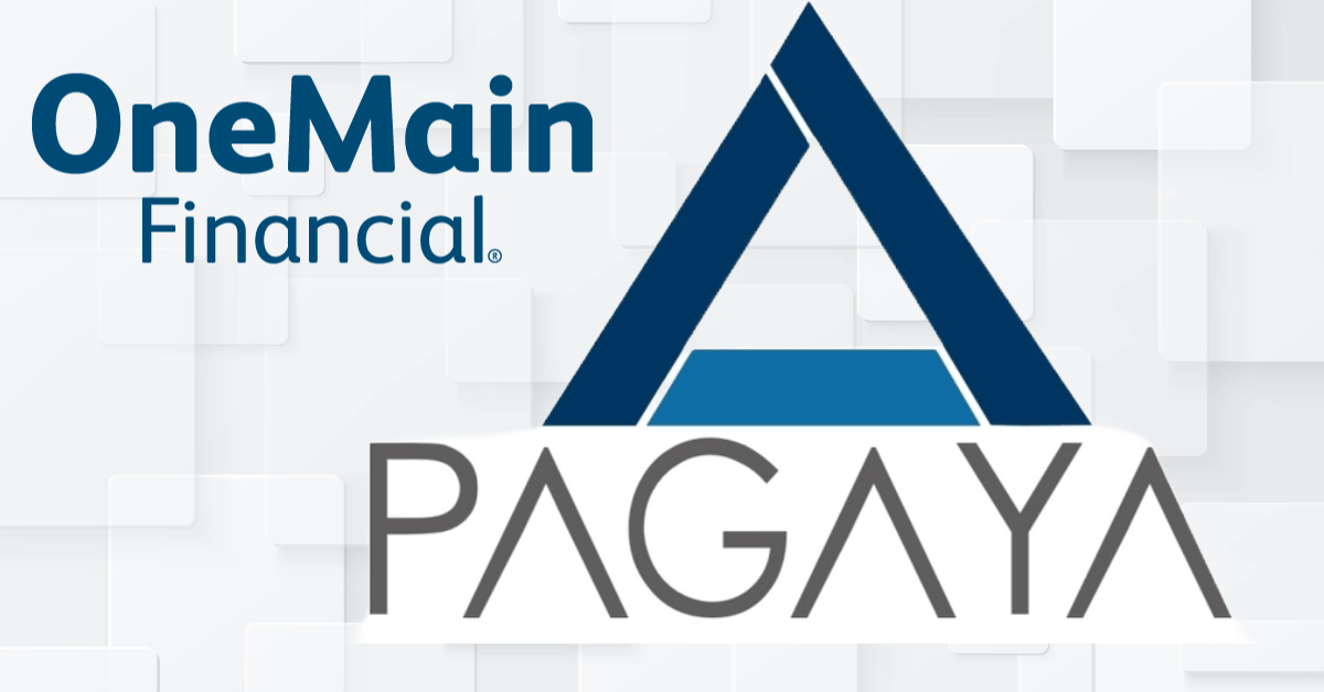 The image features the logos of two companies, OneMain Financial and Pagaya. The OneMain Financial logo is positioned on the left and consists of the company name in blue text. The Pagaya logo is on the right and includes a stylized triangular design above the company name. The background is a light, abstract pattern.